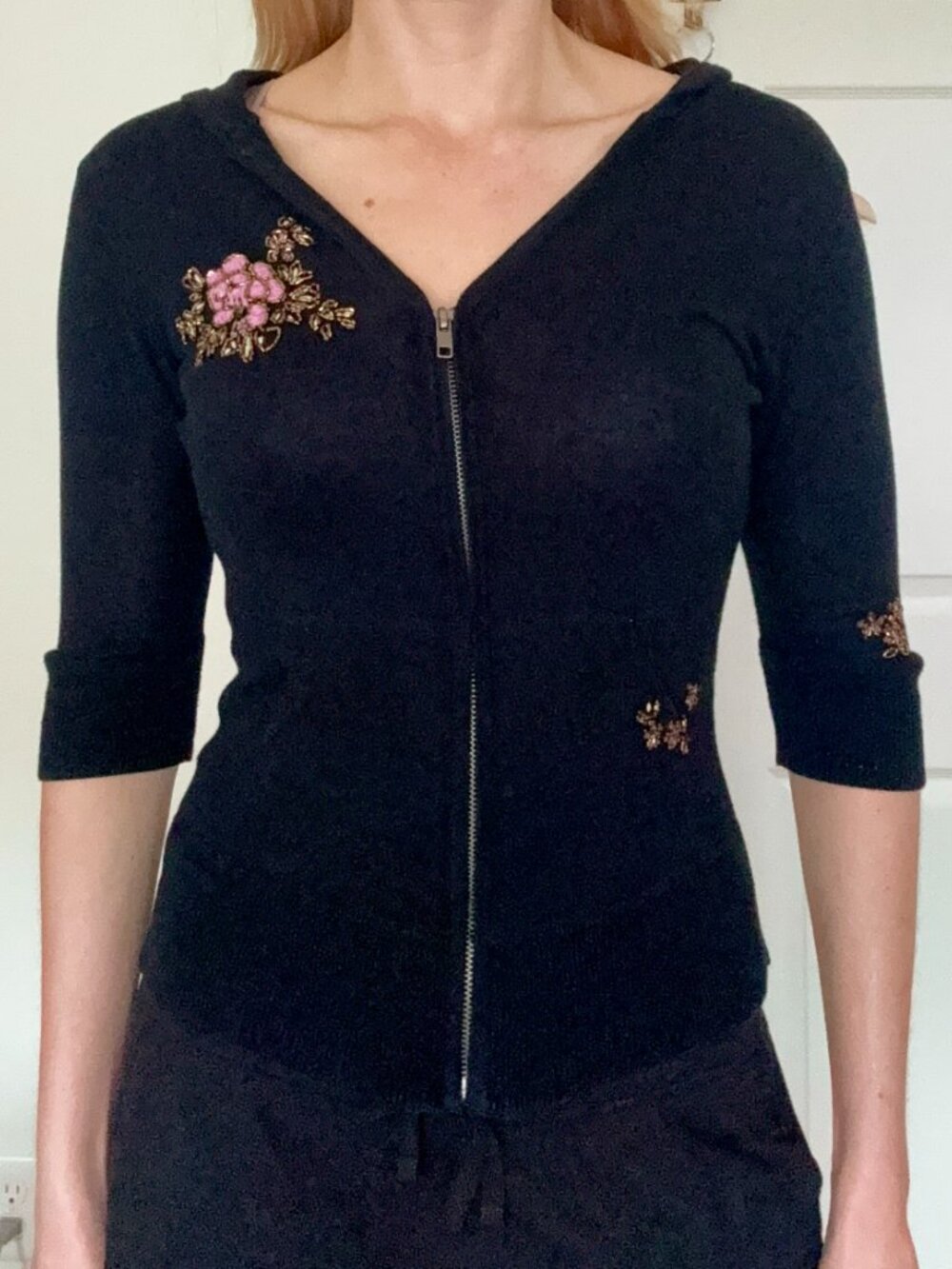 Parfait Black Knit Women's Sweater with Embroidered Detail and Hood